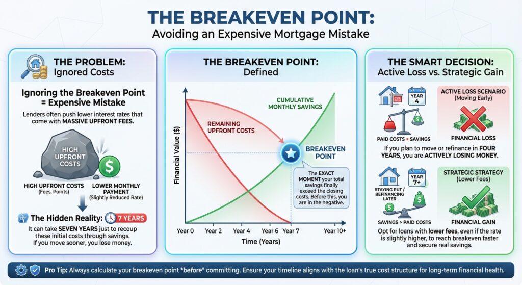 Infographic explaining the refinance breakeven point, charting remaining upfront costs against cumulative monthly savings over the years