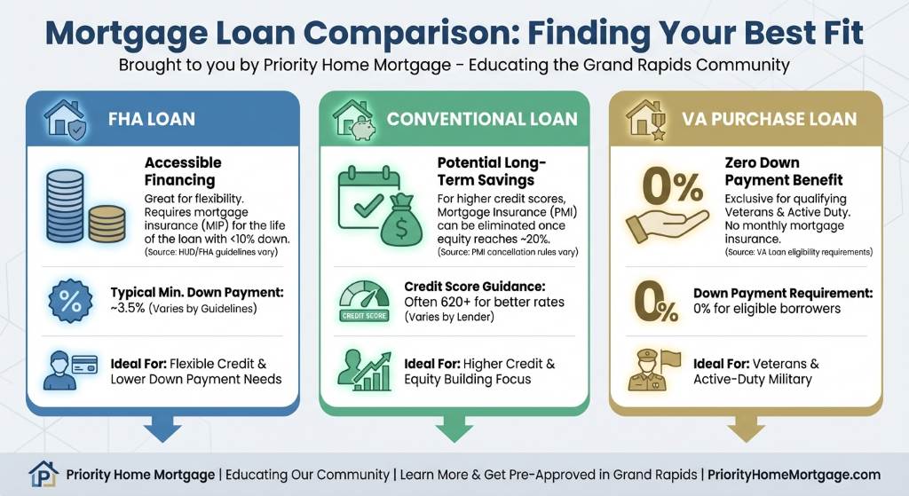 Infographic comparing three loan paths: FHA with about 3.5% down and flexible credit, conventional with PMI that cancels around 20% equity for higher scores, and VA with zero down for eligible veterans
