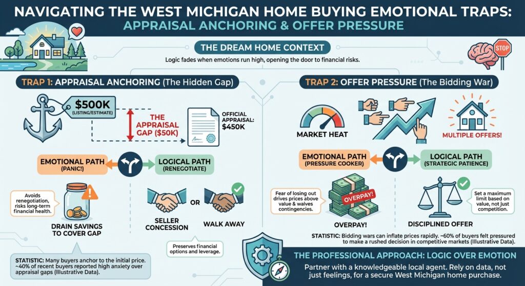 Infographic of two West Michigan home buying emotional traps, appraisal anchoring and offer pressure, each contrasting the emotional path with the logical path