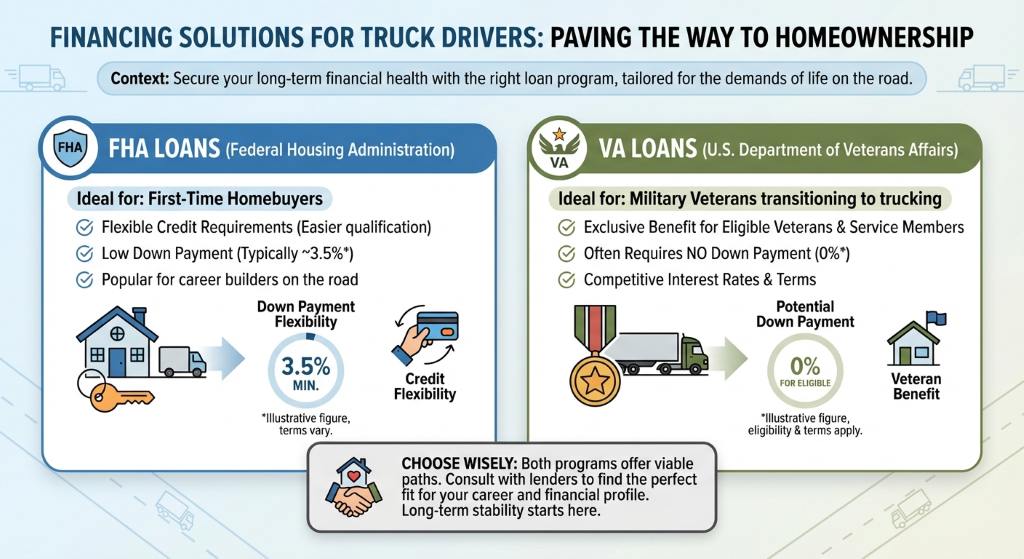 Infographic comparing financing options for truck drivers: FHA loans with about 3.5% down versus VA loans with no down payment for eligible veterans