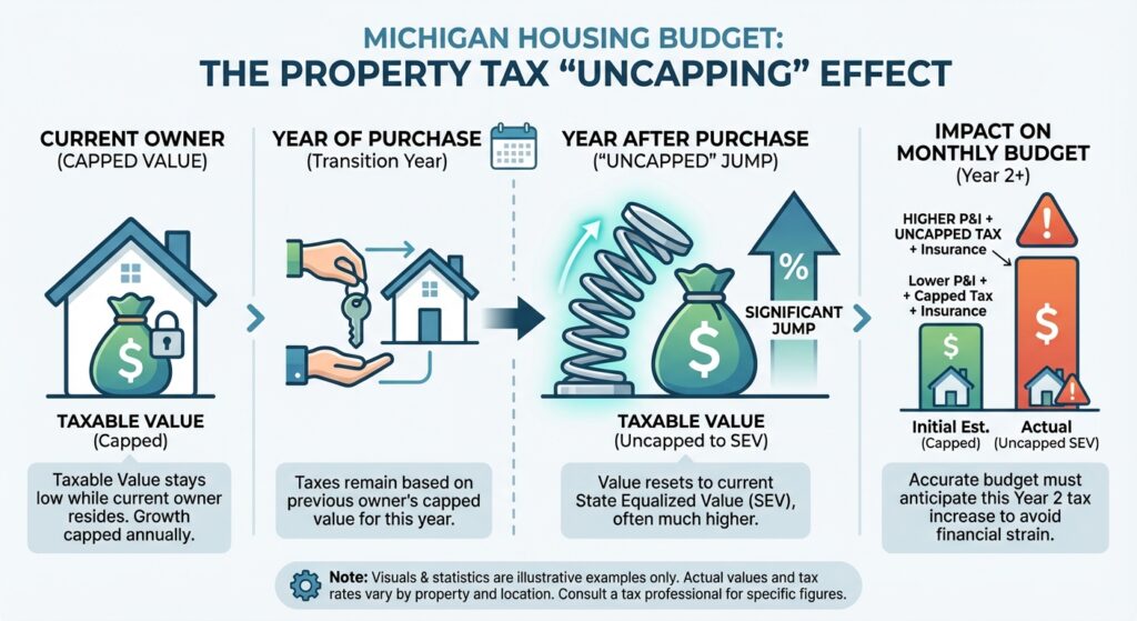 Infographic of Michigan’s property tax uncapping effect: taxable value resets to the state equalized value the year after purchase, raising the monthly budget
