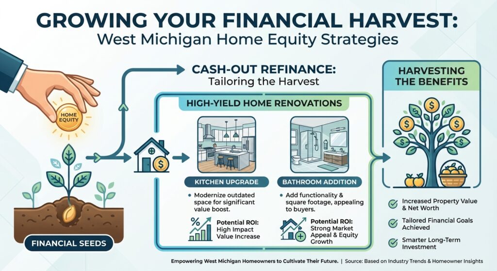 Infographic on West Michigan home equity strategies, showing a cash-out refinance funding kitchen and bathroom renovations that grow property value