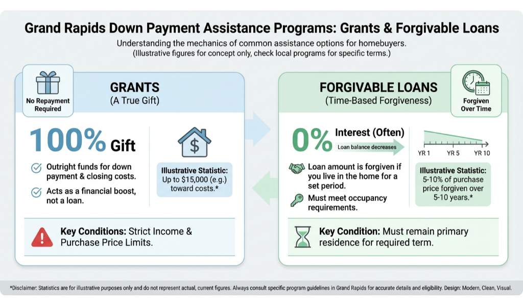 Infographic comparing down payment assistance types: grants as a 100% gift with income and price limits, and forgivable loans at 0% interest forgiven over five to ten years of occupancy