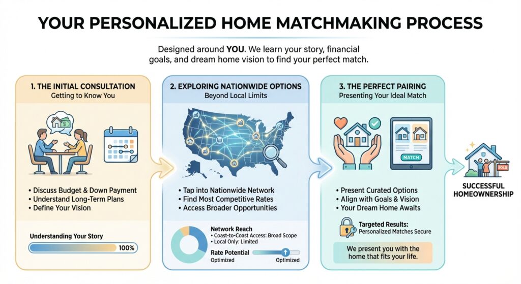Infographic of a three-step home matchmaking process: an initial consultation, exploring nationwide options, and presenting the ideal match