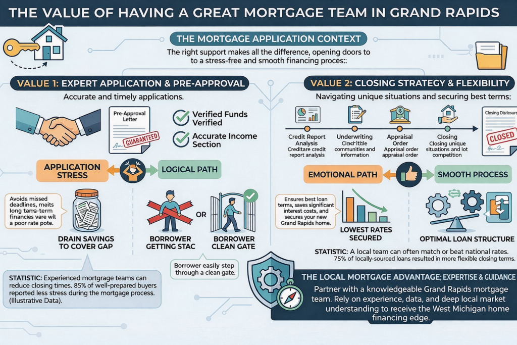 Infographic on the value of a great mortgage team in Grand Rapids, pairing expert application and pre-approval with closing strategy and flexibility