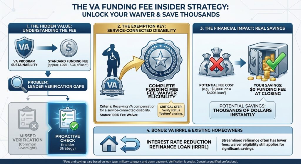 Infographic on the VA funding fee waiver: veterans receiving VA disability compensation can qualify for a full waiver, saving thousands at closing
