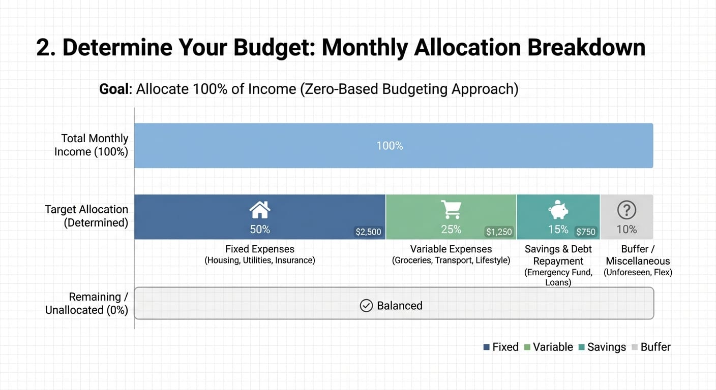 Monthly budget allocation chart: 50% to fixed expenses, 25% to variable expenses, 15% to savings and debt repayment, and 10% held as a buffer, totalling 100% of monthly income.