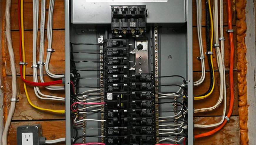 Open residential electrical panel showing rows of breakers and branch wiring
