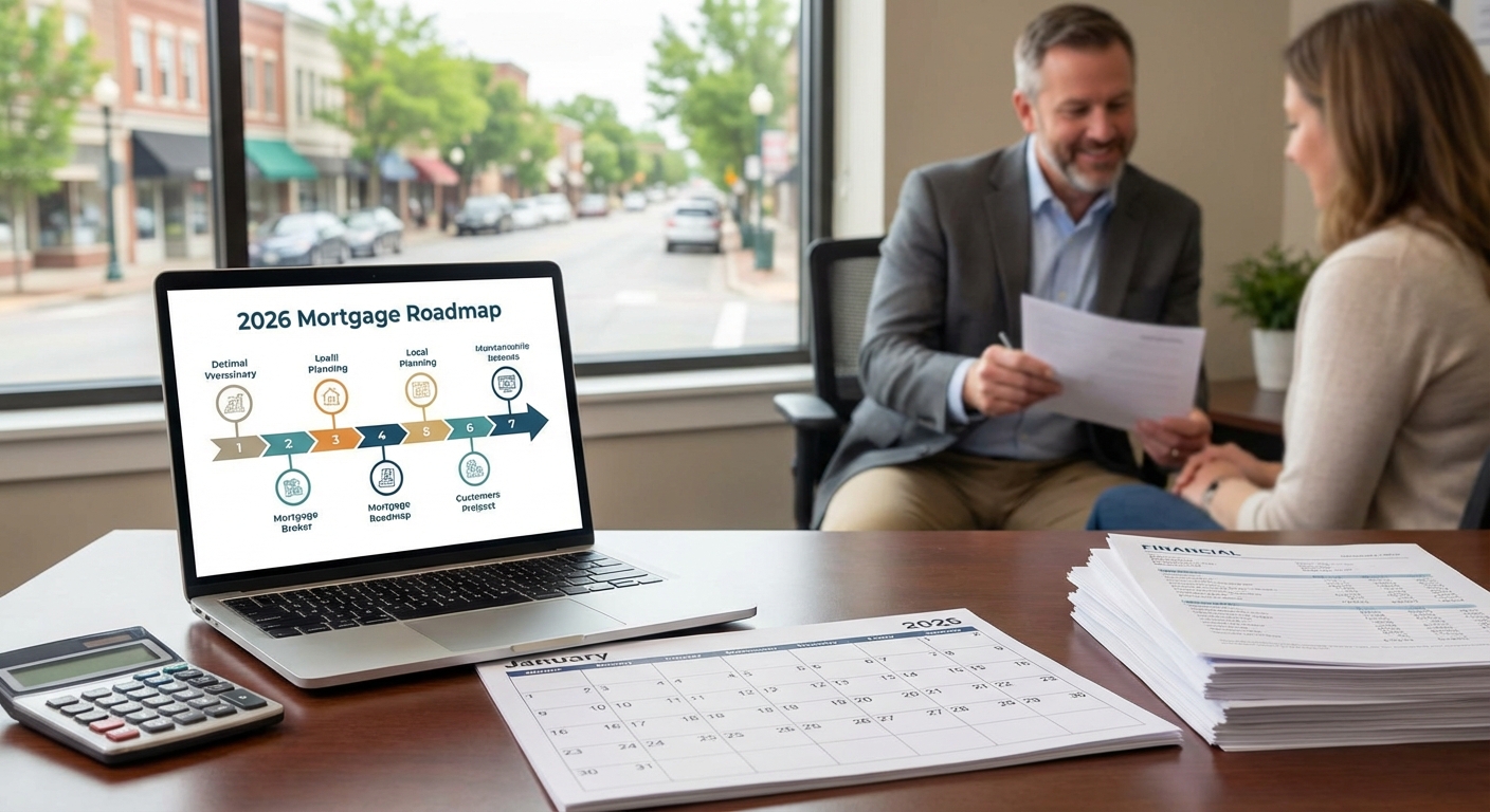 Mortgage advisor meeting with client in office, laptop displaying 2026 mortgage roadmap, financial documents and calculator on desk in small town setting