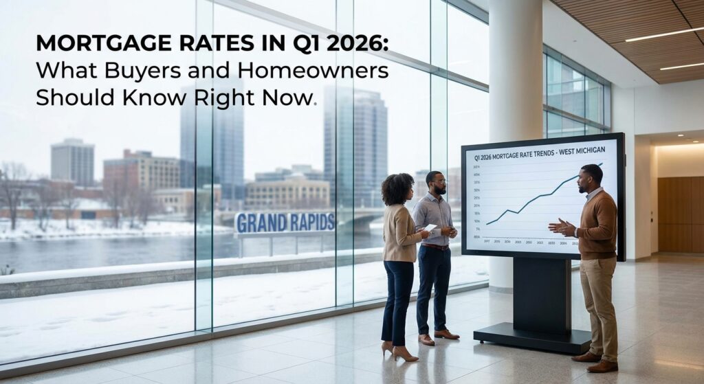 Homebuyer reviewing mortgage rate trends in Q1 2026 on a laptop while planning a home purchase.