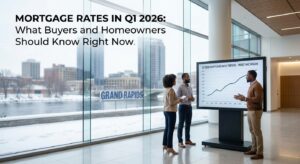 Homebuyer reviewing mortgage rate trends in Q1 2026 on a laptop while planning a home purchase.