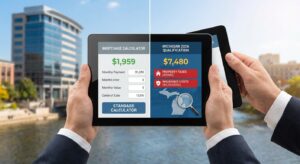 Homebuyer calculating rising property taxes and insurance costs in Michigan for a 2026 mortgage