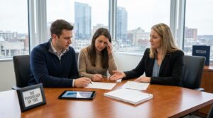 Homebuyer reviewing closing documents with a mortgage advisor in Grand Rapids