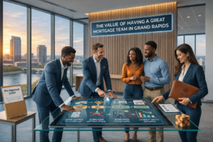 Mortgage professionals helping a homebuyer in Grand Rapids with loan options and closing strategy