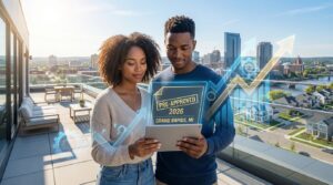 Young couple reviewing pre-approval for home financing with mortgage broker in Hawaii, digital tablet and growth chart overlay